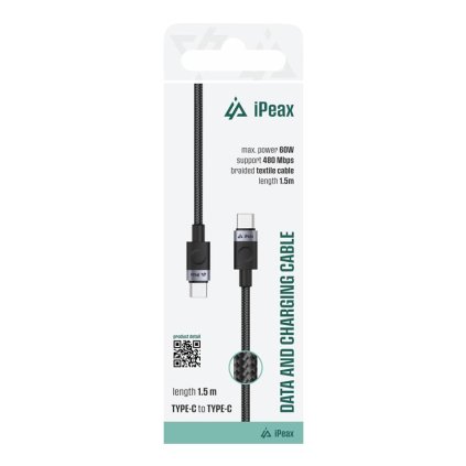iPEAX textilní kabel USB-C / USB-C 1,5M, USB 2.0 černý