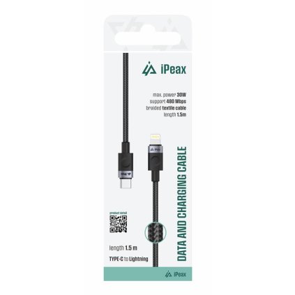 iPEAX textilní kabel USB-C / Lightning 1,5M, USB 2.0 černý
