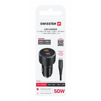 Swissten CL adaptér 2x USB-C PD, 50W černý + kabel USB-C / USB-C, 1 M