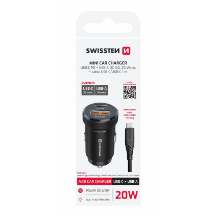 Swissten CL adaptér USB-C PD + USB-A, 20W černý + kabel USB-C / USB-C, 1 M