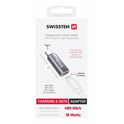 Swissten Nabíjecí adaptér USB-C (samec) Lightning (samice) stříbrný