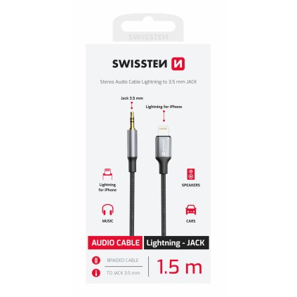 Swissten Audio adaptér textilní Lightning (samec) 3,5mm Jack (samec) 1,5 M černá (náhrada 73501213)