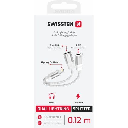 Swissten nabíjecí audio adaptér textile Lightning (samec) 2x Lightning (samice) 0,12m bílý