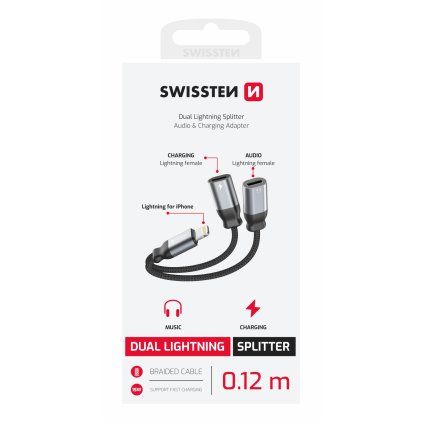Swissten nabíjecí audio adaptér textile Lightning (samec) 2x Lightning (samice) 0,12m černý