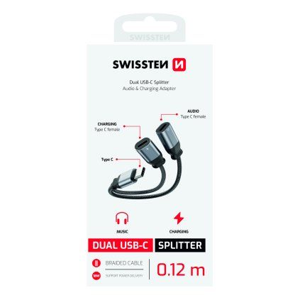 Swissten nabíjecí audio adaptér textile USB-C (samec) 2x USB-C (samice) 0,12m černý