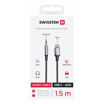 Swissten audio adaptér textile USB-C (samec) 3,5 mm jack (samec) 1,5m černý 