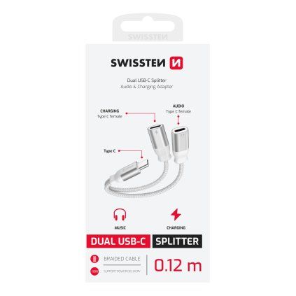 Swissten nabíjecí audio adaptér textile USB-C (samec) 2x USB-C (samice) 0,12m bílý