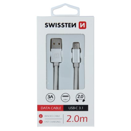 Swissten datový kabel textile USB / USB-C 2,0 m, stříbrný 