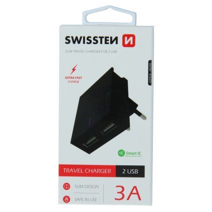 Swissten síťový adaptér smart IC 2X USB 3A power, černý