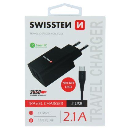 Swissten síťový adaptér smart IC 2X USB 2,1A power + datový kabel USB / Micro USB 1,2 M, černý