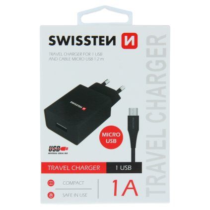 Swissten síťový adaptér smart IC 1X USB 1A power + datový kabel USB / Micro USB 1,2 M, černý