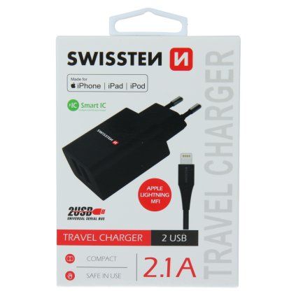 Swissten síťový adaptér smart IC 2X USB 2,1A power + datový kabel USB / Lightning Mfi 1,2 M, černý
