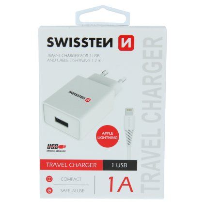 Swissten síťový adaptér smart IC 1X USB 1A power + datový kabel USB / Lightning 1,2 M, bílý