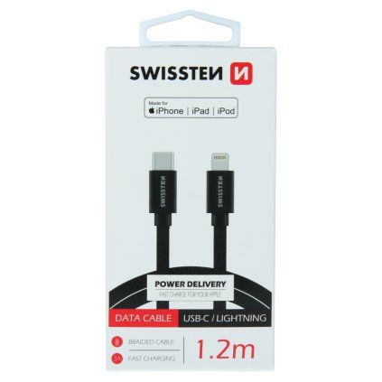 Swissten datový kabel textile USB-C / Lightning Mfi 1,2 M, černý