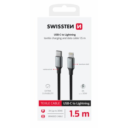 Swissten Datový kabel textile II USB-C Lightning 1,5 m černý