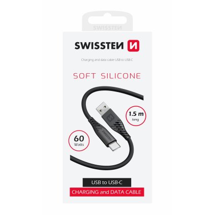 Swissten datový kabel soft silicone USB / USB-C 1,5 M 60W černý