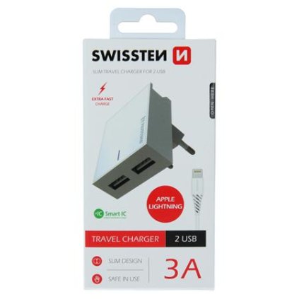 Swissten síťový adaptér smart IC 2X USB 3A power + datový kabel USB / Lightning 1,2 M, bílý