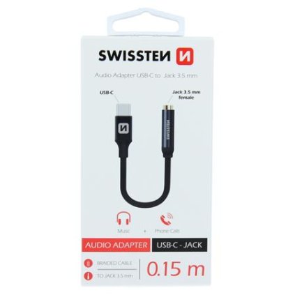 Swissten Audio adaptér textile USB-C/Jack (samice) 0,15 M, černý