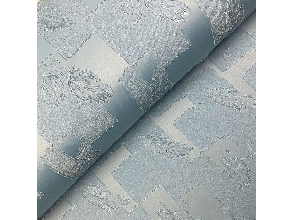 Dekorační látka Estella listy světle modrá do šedá - šířka 160 cm, metráž (Barva modrá, Vzor Lístečky)