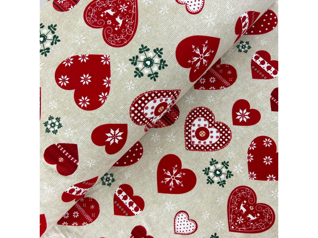 Ervi Bavlněná látka/plátno š.240 cm - Vánoční - srdíčka na béžovém 26341-1, metráž (Barva Barevná/Colorful, Vzor Vánoční/Christmas)