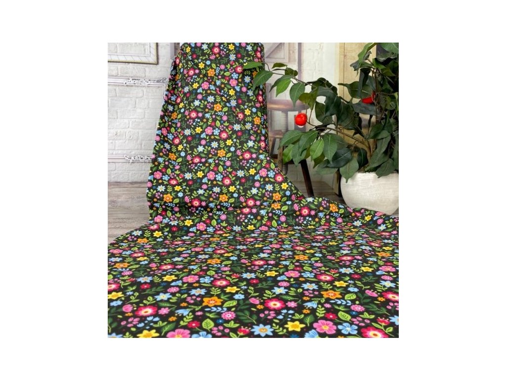 Ervi bavlna š.240 cm - barevné květy na černem - 25173-1, metráž (Barva Barevná/Colorful, Vzor Květinový/Floral)