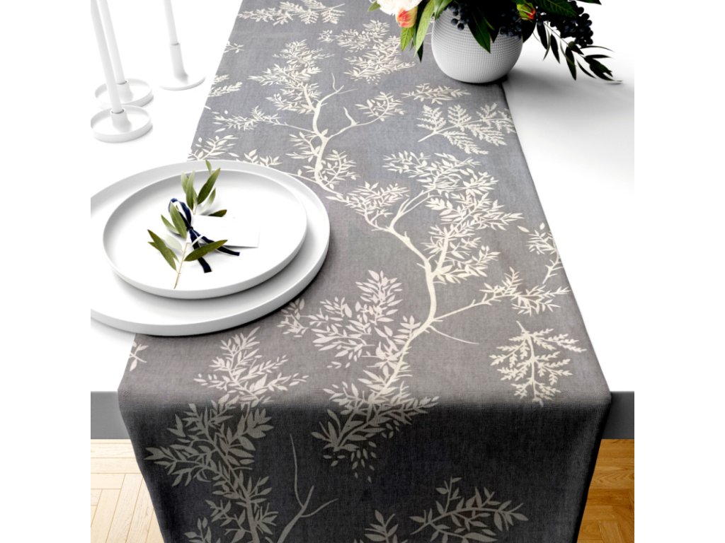 Ervi bavlněný běhoun na stůl - bílé větvičky (Barva šedá, Rozměr 20 x 120 cm, Vzor Lístečky/větvičky)