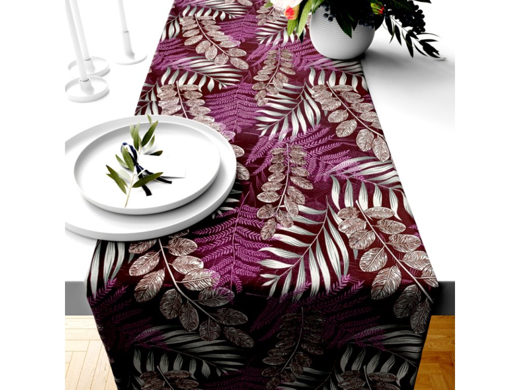 Ervi bavlněný běhoun na stůl - barevné větvičky (Barva purpurová, Rozměr 20 x 120 cm, Vzor Lístečky/větvičky)