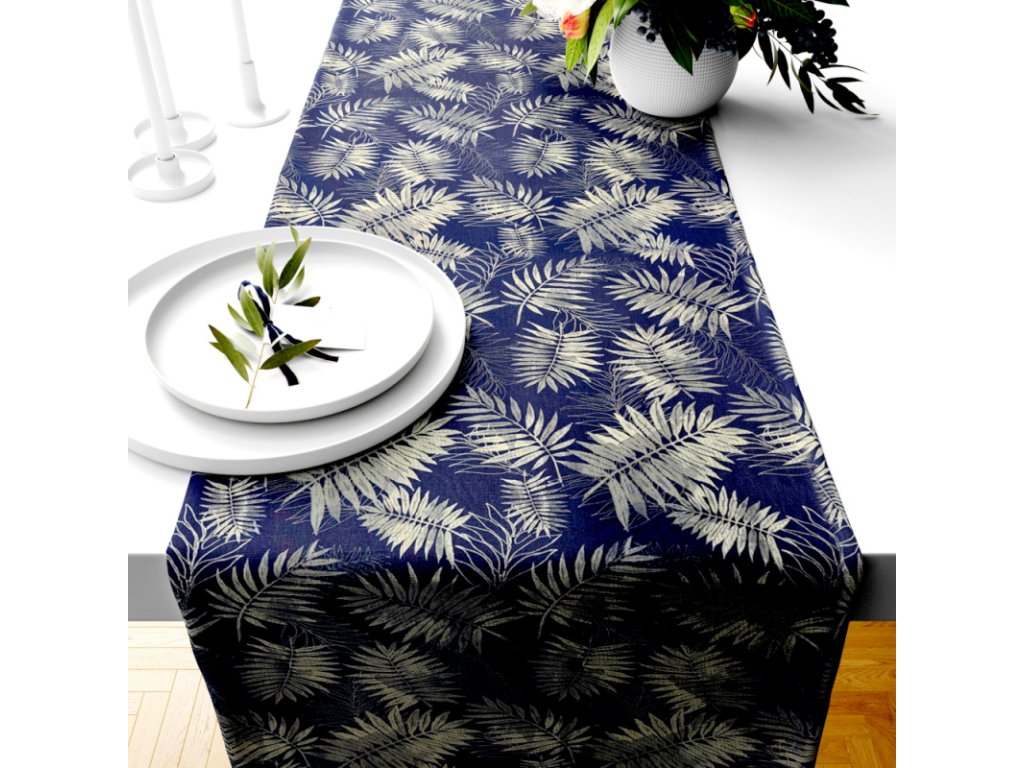 Ervi bavlněný běhoun na stůl - větvičky na modrém (Barva Tmavě modrá, Rozměr 20 x 120 cm, Vzor Lístečky/větvičky)