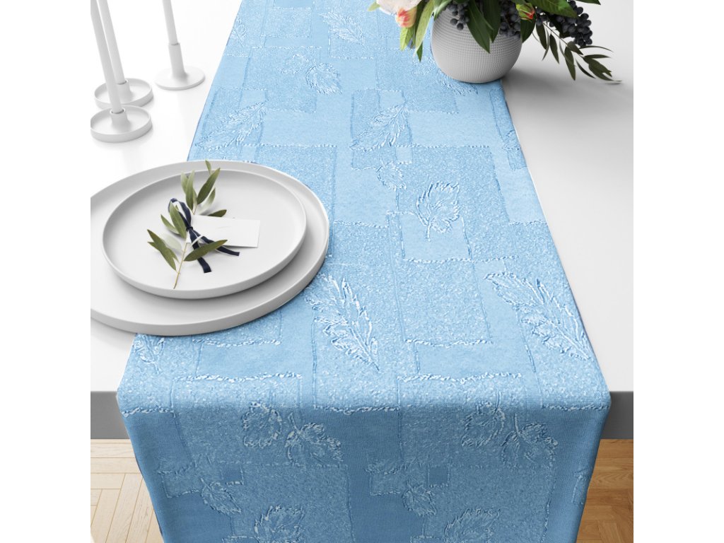 Ervi dekorační běhoun na stůl - Estella listy modrá (Barva modrá, Rozměr 20 x 120 cm, Vzor Lístečky)