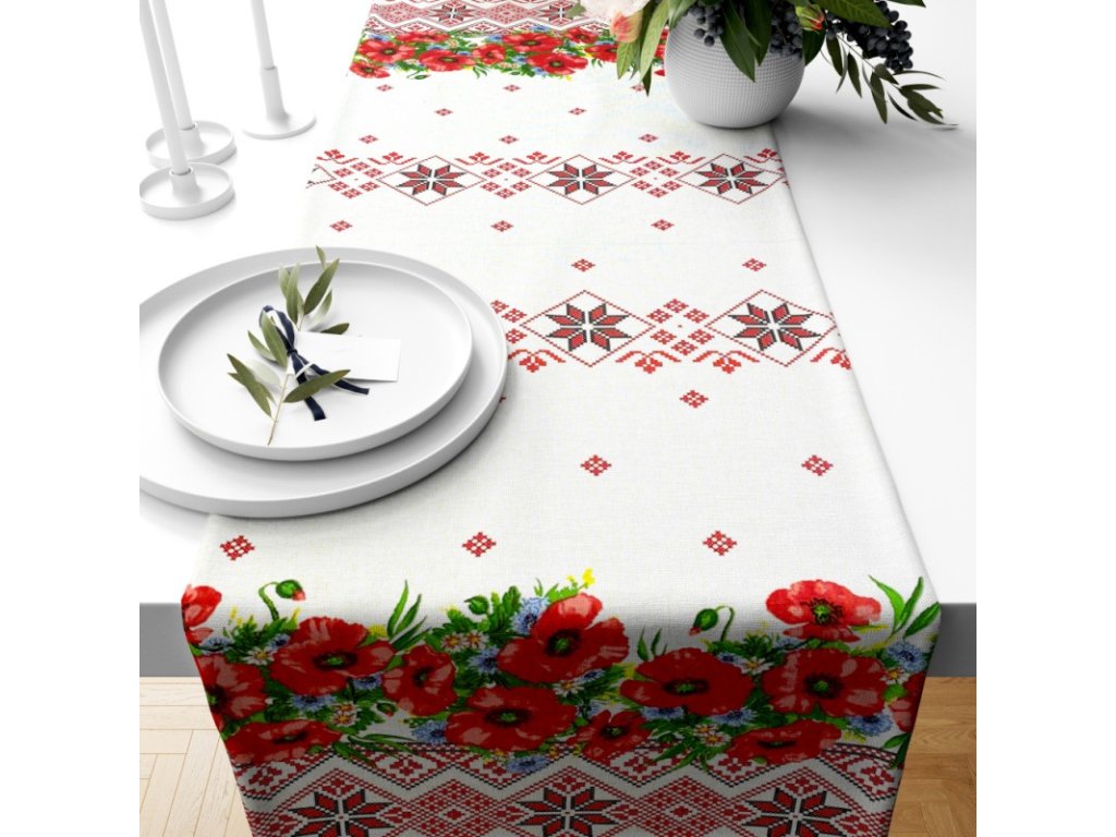 Ervi bavlněný běhoun na stůl - tradiční výšivka - vlčí máky print (Barva Barevná/Colorful, Rozměr 40 x 160 cm, Vzor Květinový/Floral)