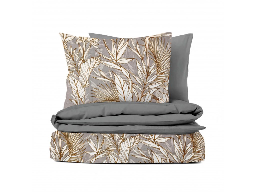 Ervi bavlněné povlečení oboustranné - tropický vzor/šedé (Barva šedá, Rozměr 140x200 cm + 70x90 cm, Vzor Lístečký/Větvičky)
