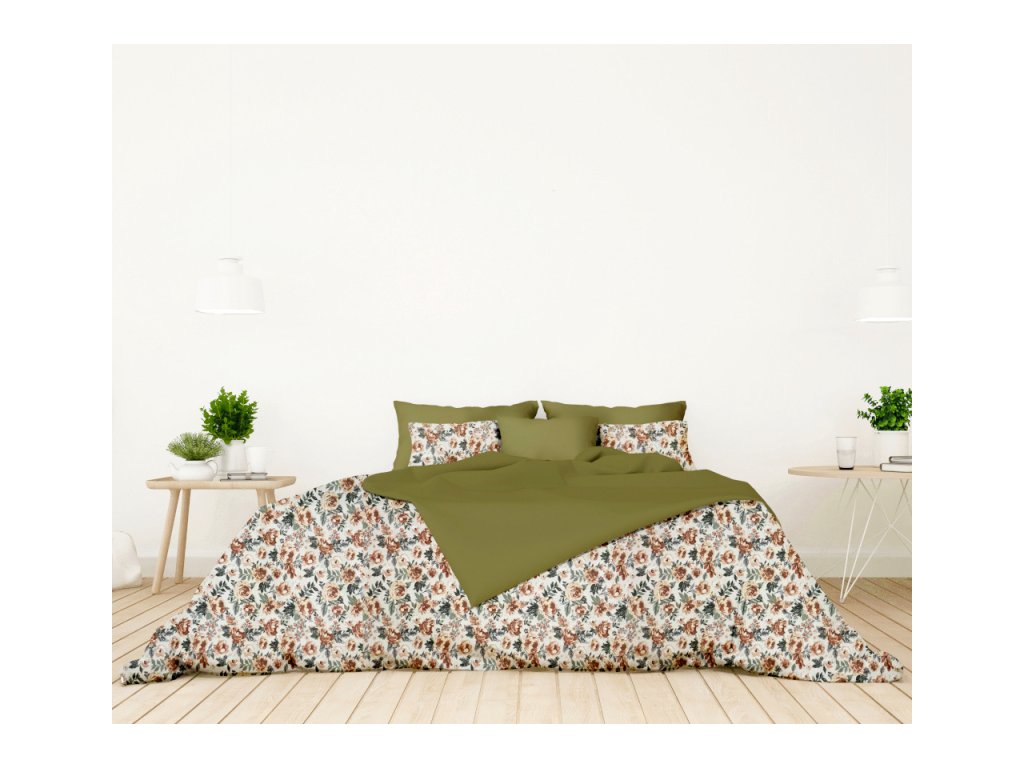 Ervi bavlněné povlečení oboustranné - Kvetoucí růže /olivové (Barva Barevná/Colorful, Rozměr 140x200 cm + 70x90 cm, Vzor Květinový/Floral)