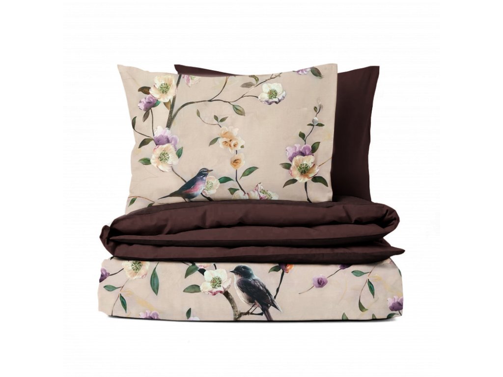 Ervi Bavlněné Saténové povlečení DELUXE DUO - Ptáček/hnědé (Barva Béžová/Beige, Rozměr 140x200 cm + 70x90 cm, Vzor Lístečky/Tickets)