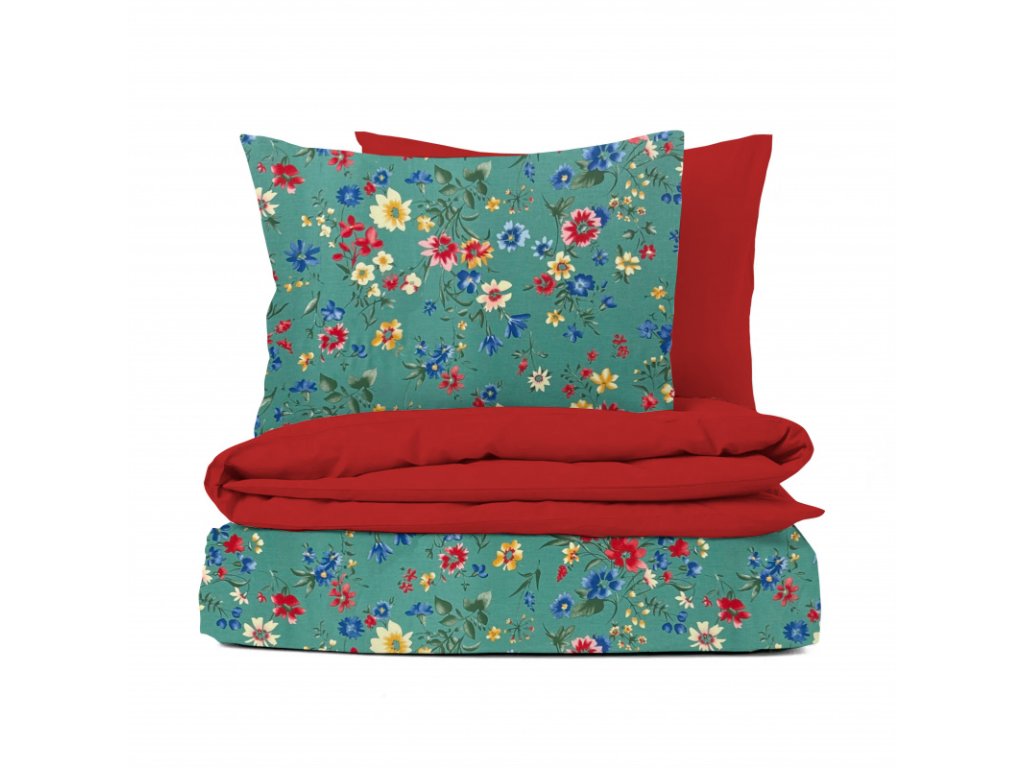 Ervi bavlněné povlečení oboustranné - Zelená louka/červené (Barva Barevná/Colorful, Rozměr 140x200 cm + 70x90 cm, Vzor Designový/Design)