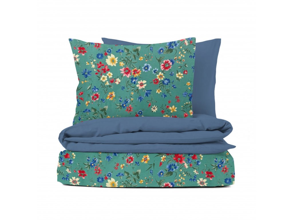 Ervi bavlněné povlečení oboustranné - Zelená louka/modré (Barva Barevná/Colorful, Rozměr 140x200 cm + 70x90 cm, Vzor Designový/Design)