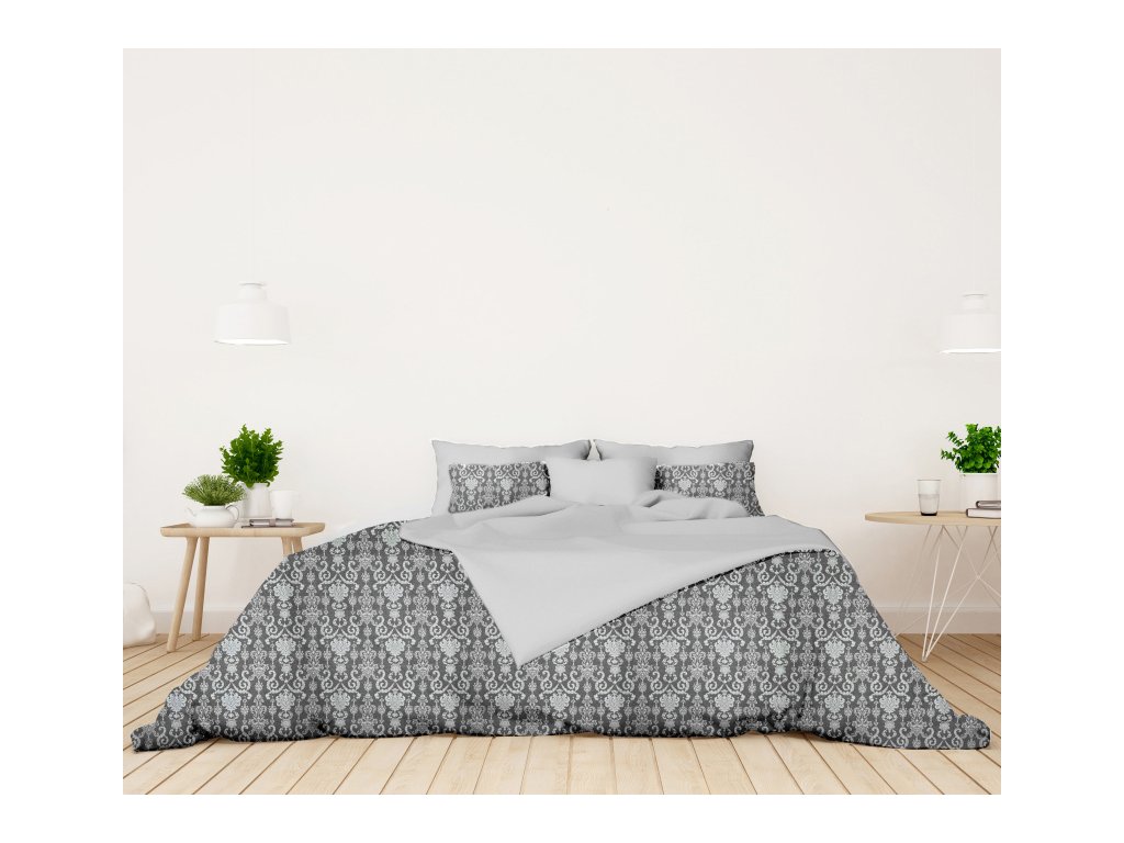 Ervi bavlněné povlečení oboustranné - Vintage motiv na šedém/světle šedé (Rozměr 140x200 cm + 70x90 cm)