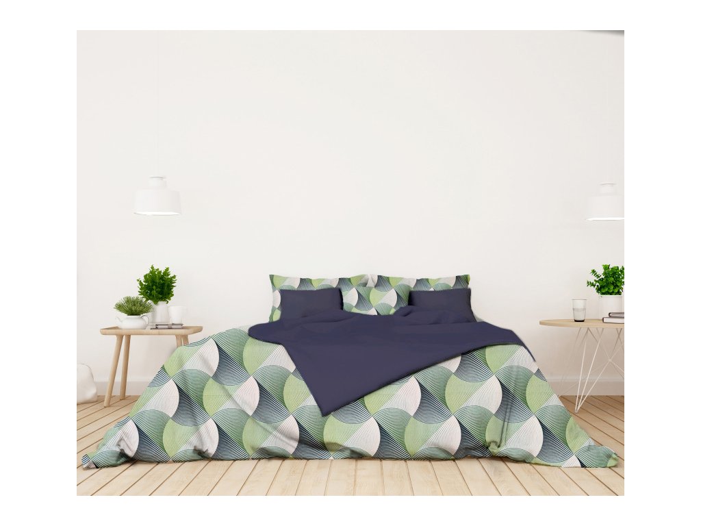 Ervi bavlněné povlečení oboustranné - Vlnění zelené/tmavě modré (Barva Barevná/Colorful, Rozměr 140x200 cm + 70x90 cm, Vzor Geometrický/Geometric)