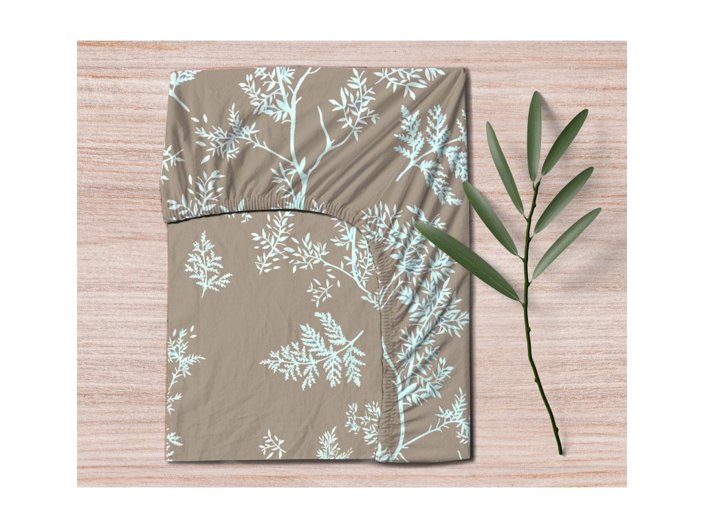 Ervi bavlněné napínací prostěradlo - bílé větvičky na hnědém (Barva hnědá, Rozměr 80x160 cm, Vzor Lístečky/větvičky)