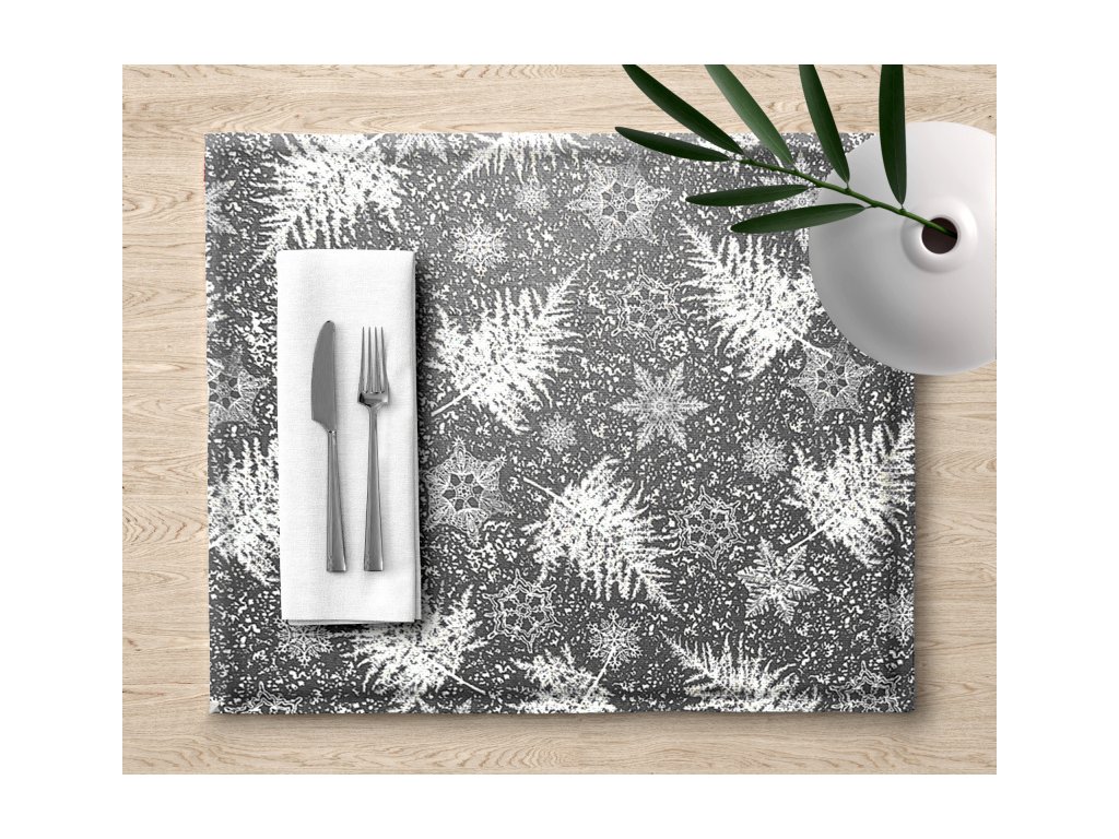 Ervi dekorační prostírání na stůl - námraza na listech na šedém (Rozměr 30 x 40 cm)