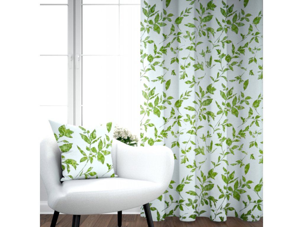Ervi bavlněný závěs - Zelené listy (Barva Zelená, Rozměr 140x160 cm, Vzor Lístečky)