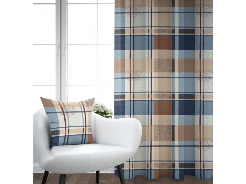 Ervi bavlněný závěs - Káro hnědo-modré (Barva Barevná/Colorful, Rozměr 140x160 cm, Vzor Designový/Design)