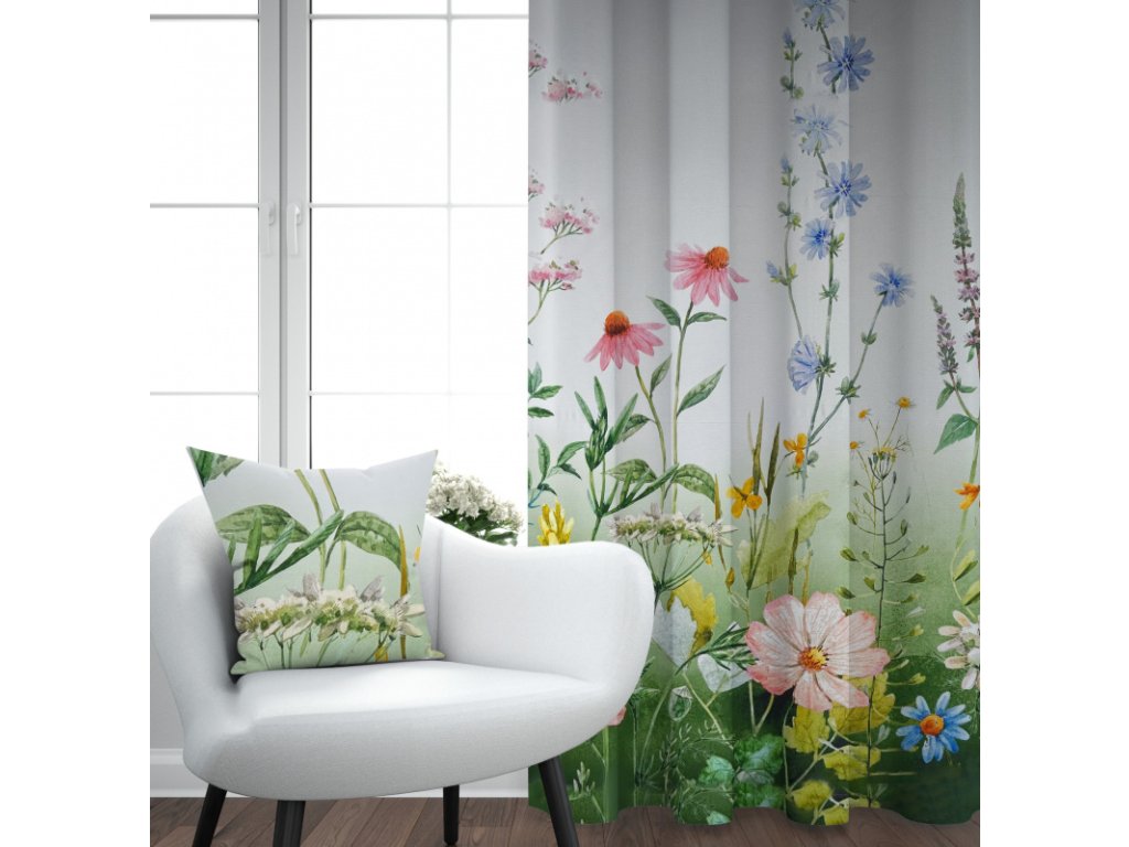 Ervi Saténový závěs DELUXE - Barevná louka (Barva Barevná/Colorful, Rozměr 140x160 cm, Vzor Lístečky/Tickets)