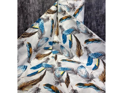 Ervi Bavlněná látka/plátno š.240 cm - barevné peří 96907-3, metráž (Barva tyrkysová, Vzor Přírodní)