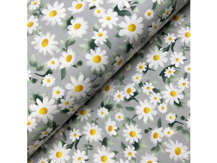 Ervi Bavlněná látka/plátno š.240 cm - Heřmánkové pole na šedém -26145-4, metráž (Barva barevná, Vzor Květinový)