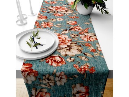 Ervi bavlněný běhoun na stůl - květy na tyrkysovém (Barva barevná, Rozměr 20 x 120 cm, Vzor kvetinový)