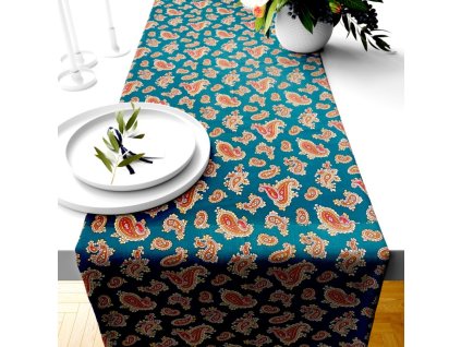 Ervi bavlněný běhoun na stůl - turecké okurky na smaragdovém (Barva Tmavá zelená, Rozměr 20 x 120 cm, Vzor Etnický)