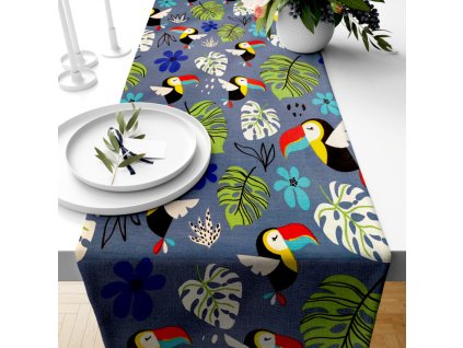 Ervi bavlněný běhoun na stůl - tukani (Barva modrá, Rozměr 20 x 120 cm, Vzor Dětský)