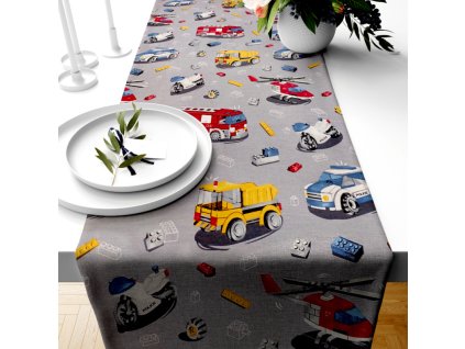 Ervi bavlněný běhoun na stůl - autíčká a vrtulníky (Barva šedá, Rozměr 20 x 120 cm, Vzor Dětský)