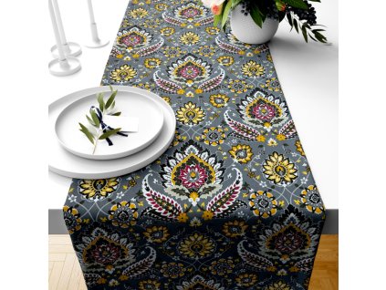 Ervi bavlněný běhoun na stůl - Etno na šedém (Barva barevná, Rozměr 20 x 120 cm, Vzor Etnický)