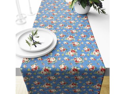 Ervi bavlněný běhoun na stůl - růžičky na modrém (Barva barevná, Rozměr 20 x 120 cm, Vzor Květinový)